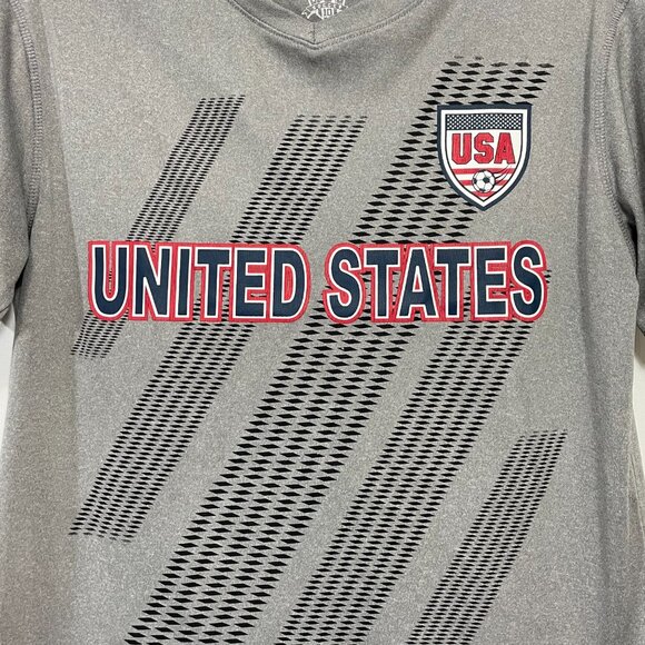 USA Soccer T Shirt Mens Small Grey Striker Brand Polyester Stretch Jersey Stripe - Picture 2 of 5